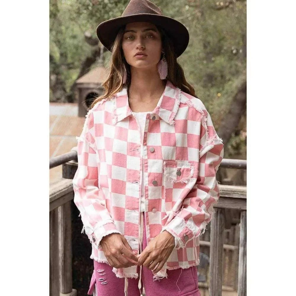 POL Clothing Pink and White Denim Checkered Race Check Shacket New S-L YWT7 - Picture 4 of 8